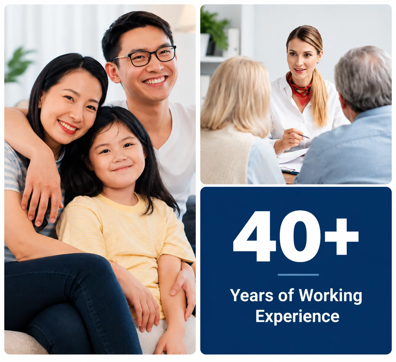 KKCA tax services team collage featuring a family, tax consultation, and 40+ years of professional experience